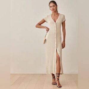 Reformation Cypress Knit Maxi Dress in Marble Beige Tan Button Down Large $128